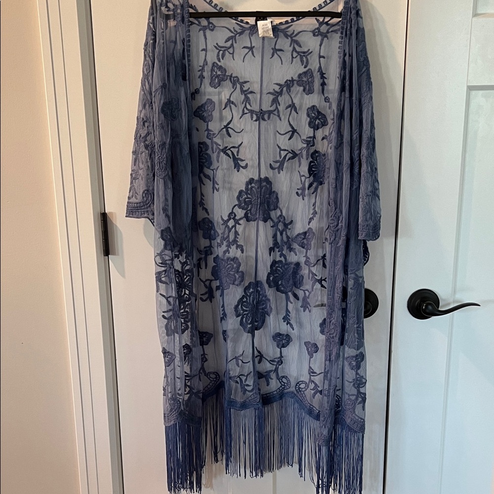 Blue Sheer Floral Kimono with Fringe